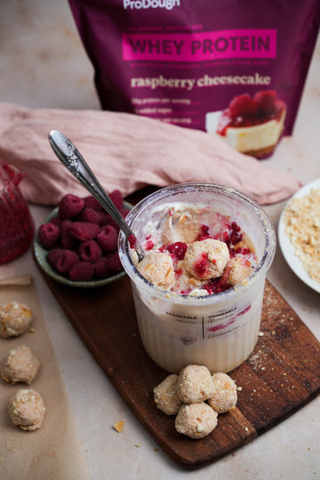 Raspberry Cheesecake Protein Ice Cream with Raspberry Cheesecake Bites
